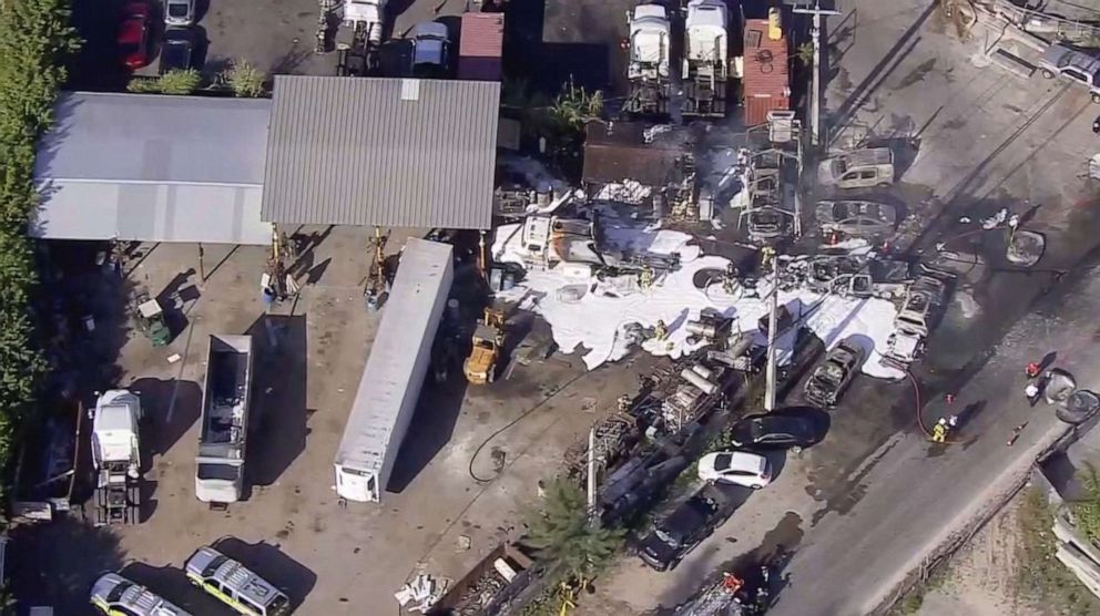 PHOTO: Miami-Dade firefighters extinguish a fire at a welding company, Feb. 21, 2023 in Medley, Fla.