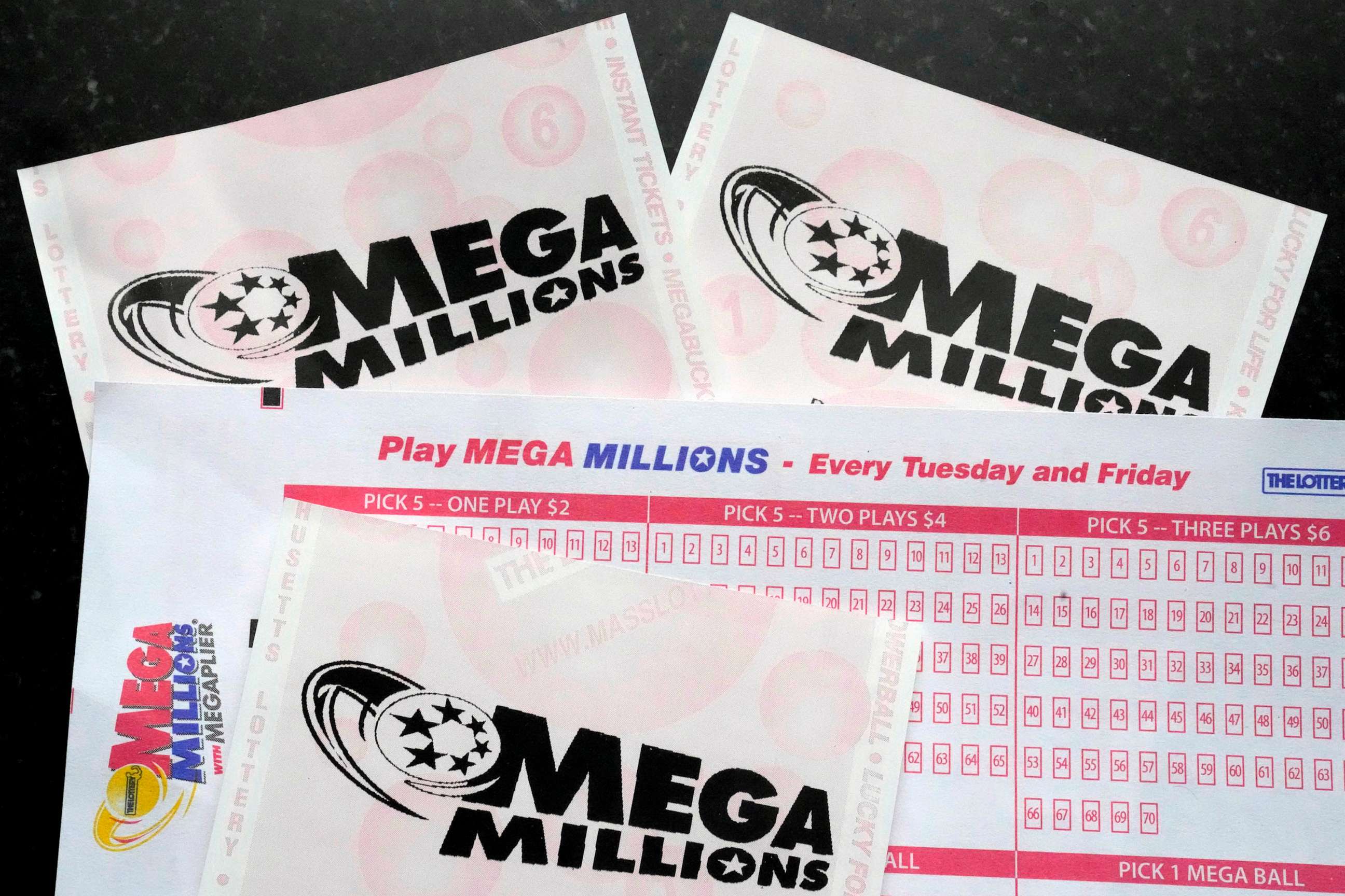 PHOTO: FILE - Mega Millions lottery tickets and a wager slip are displayed, Jan. 6, 2023, in Derry, N.H.