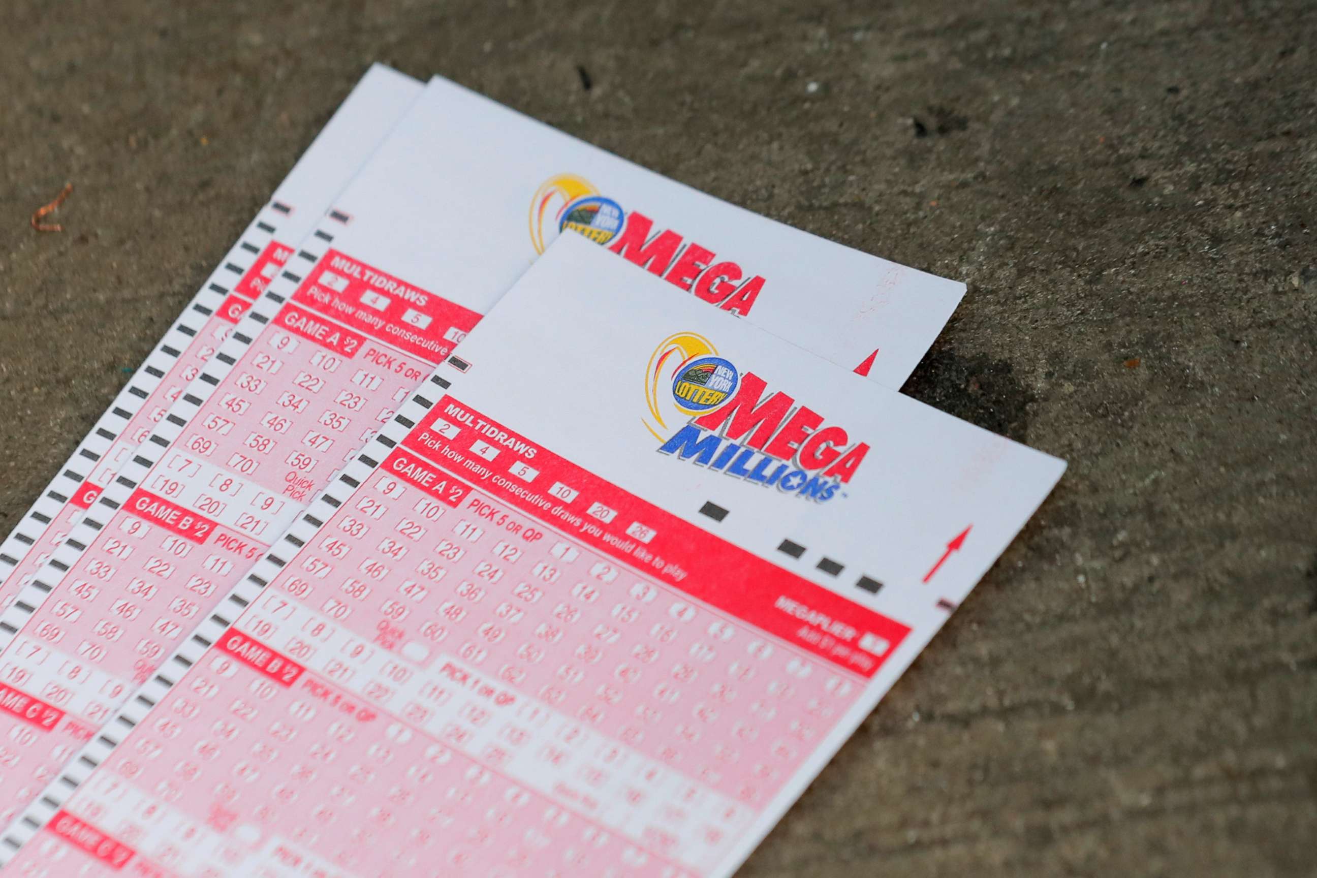 PHOTO: Mega Millions lottery entry tickets are seen in New York, Oct. 23, 2018.