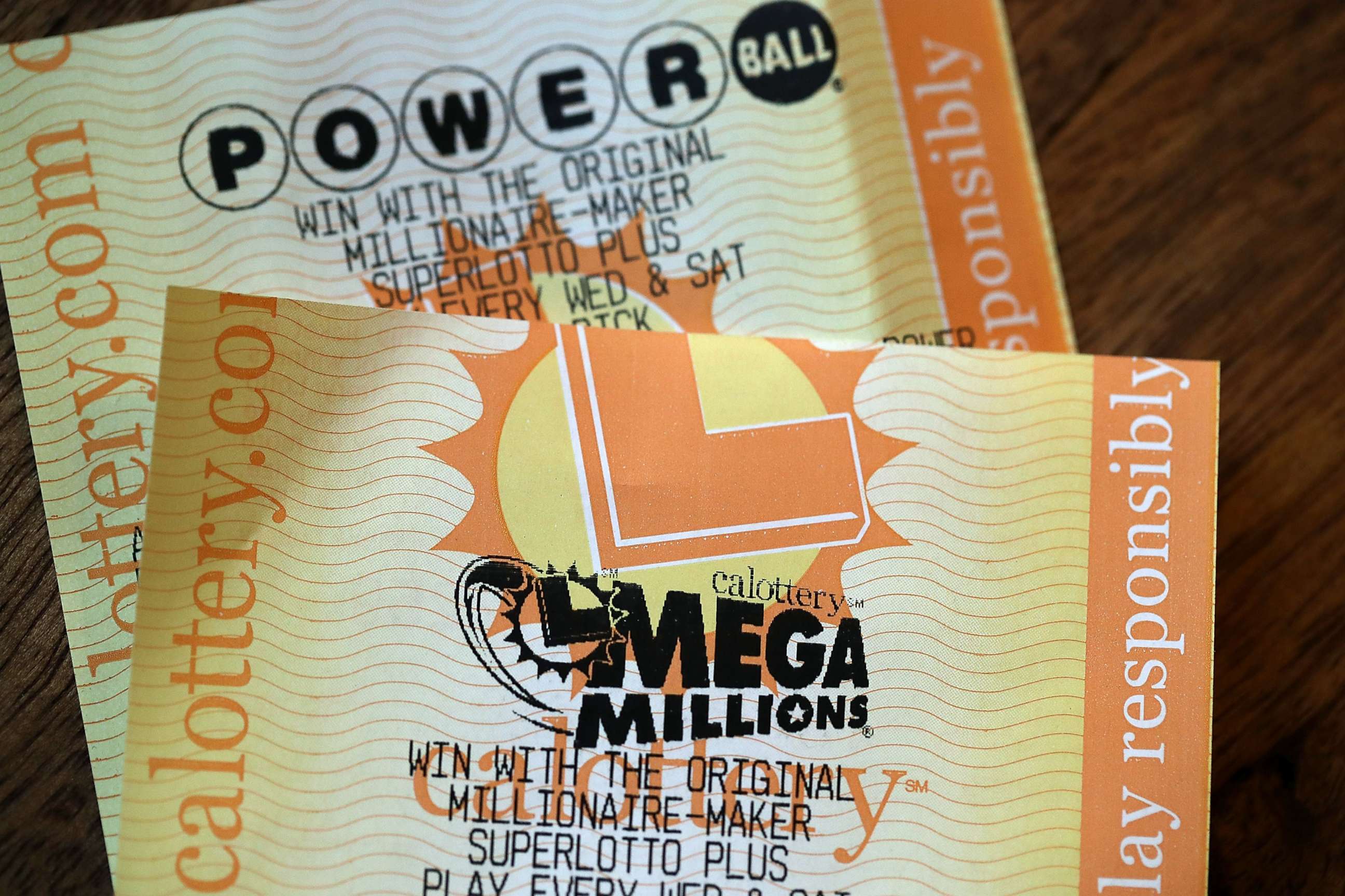 PHOTO: Powerball and Mega Millions lottery tickets are displayed on Jan. 3, 2018 in San Anselmo, California.