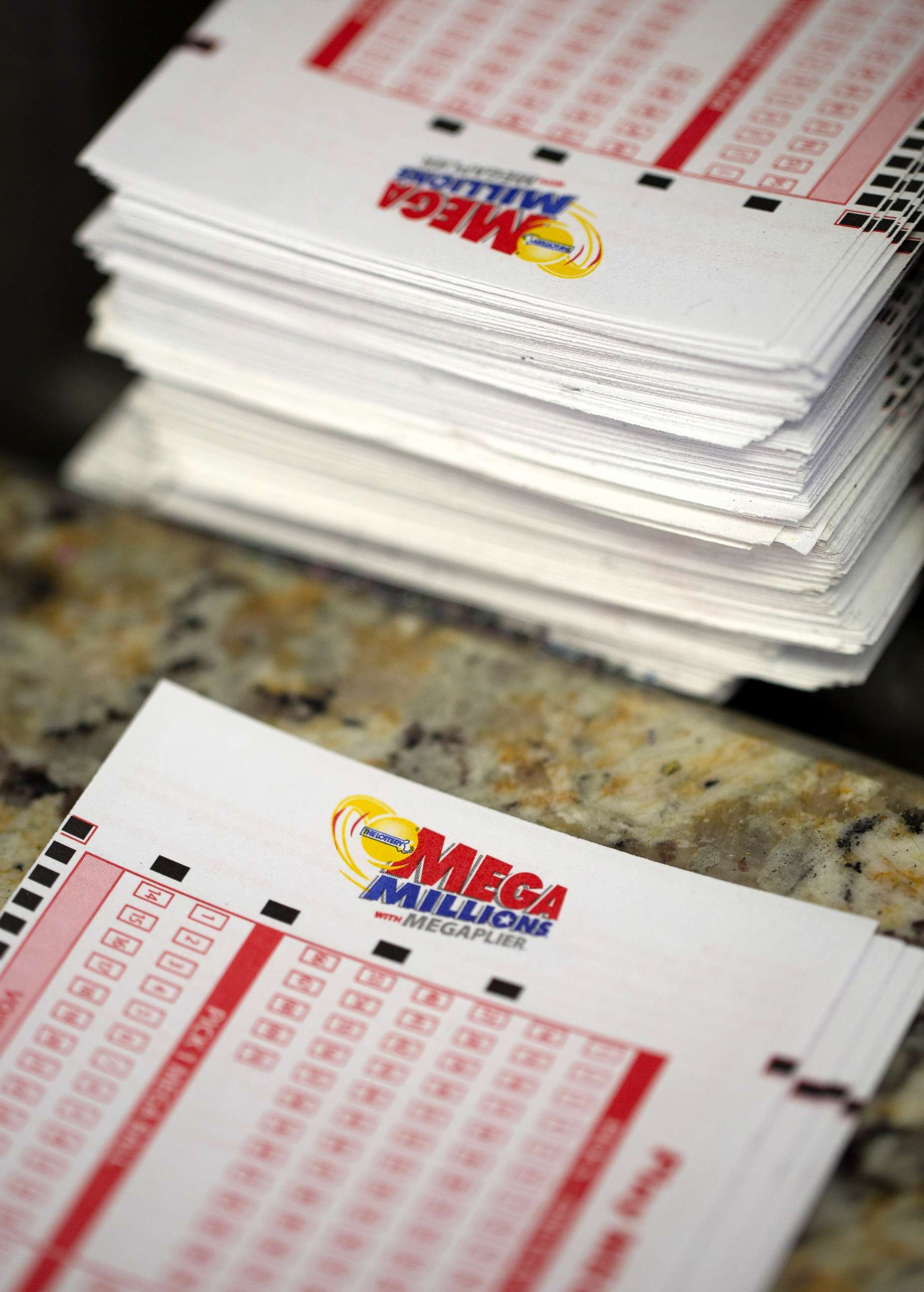 PHOTO: Mega Millions Lottery forms are pictured at Ted's State Line Mobil in Methuen, Mass., July 24, 2018.