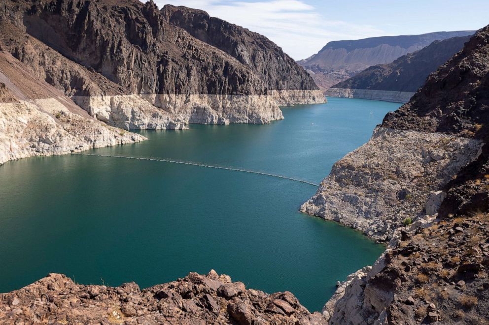 PHOTO: The white "bathtub ring" around Lake Mead shows the record low water level of Lake Mead as drought continues to worsen near Boulder City, Nev., July 1, 2021.