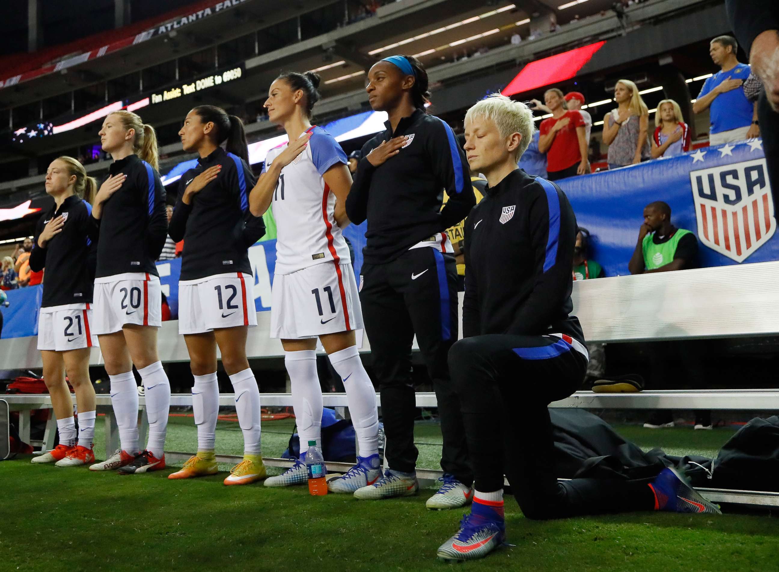 PHOTO:Megan Rapinoe #15 kneels during the National Anthem prior to the match between the United States and the Netherlands at Georgia Dome, Sept. 18, 2016, in Atlanta.