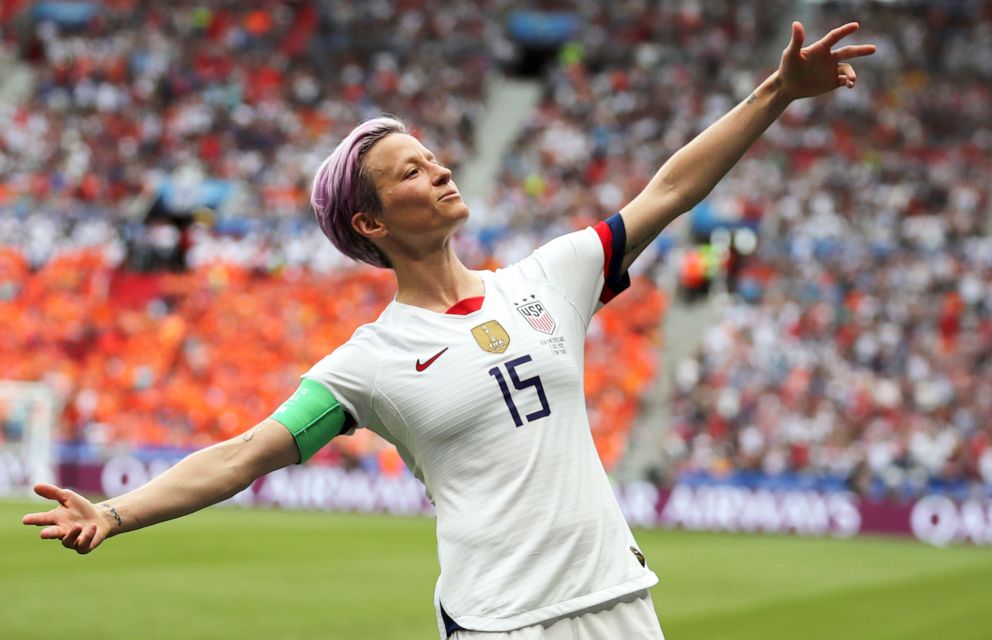 PHOTO: United States' Megan Rapinoe celebrates after scoring the opening goal from the penalty spot during the Women's World Cup final soccer match between U.S. and The Netherlands at the Stade de Lyon in Decines, outside Lyon, France,  July 7, 2019.