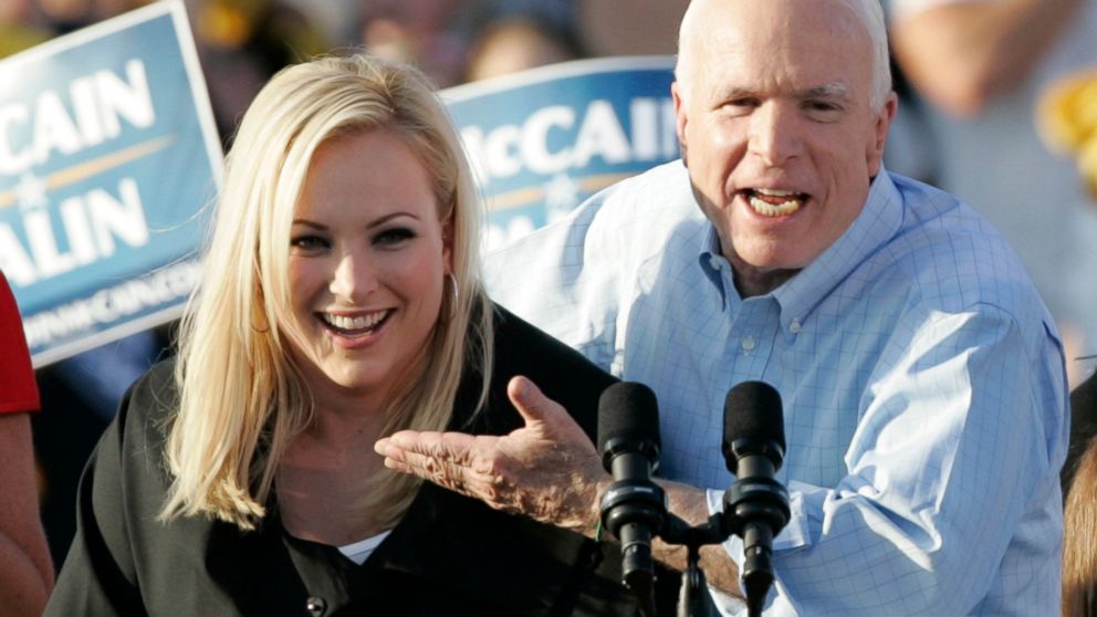 PHOTO: Sen. John McCain introduces his daughter Meghan at a campaign stop in Washington, Pa., Aug. 30, 2008.