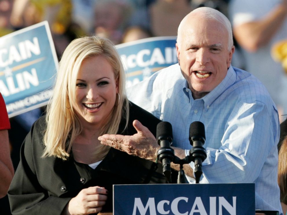 PHOTO: Sen. John McCain introduces his daughter Meghan at a campaign stop in Washington, Pa., Aug. 30, 2008.