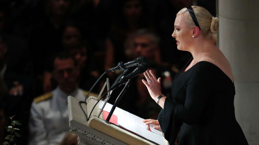 PHOTO: Meghan McCain speaks at a memorial services for her father, Sen. John McCain, R-Ariz., at Washington Nationals Cathedral in Washington, Sept. 1, 2018. 