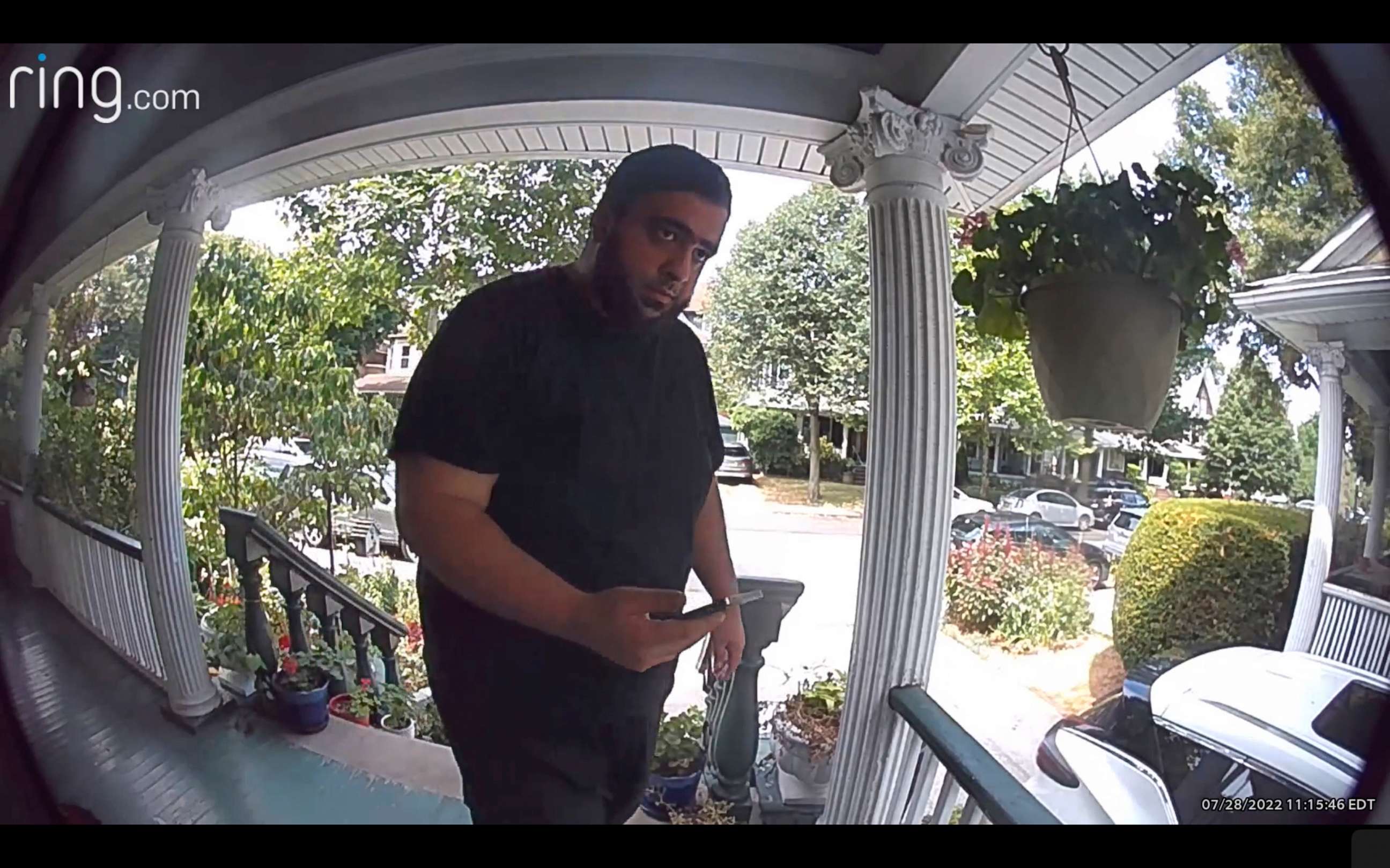 PHOTO: An image taken from a doorbell video shows Khalid Mehdiyev on the porch of the home of Masih Alinejad, July 28, 2022, in the Brooklyn borough of New York.