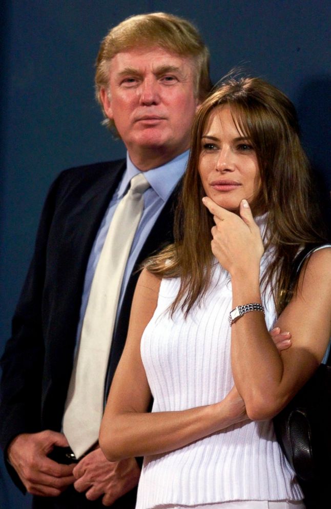 PHOTO: Donald Trump and Melania Knauss watch the New York Giants face the New York Jets from the bench in a preseason game on August 28, 1999 in East Rutherford, N.J.