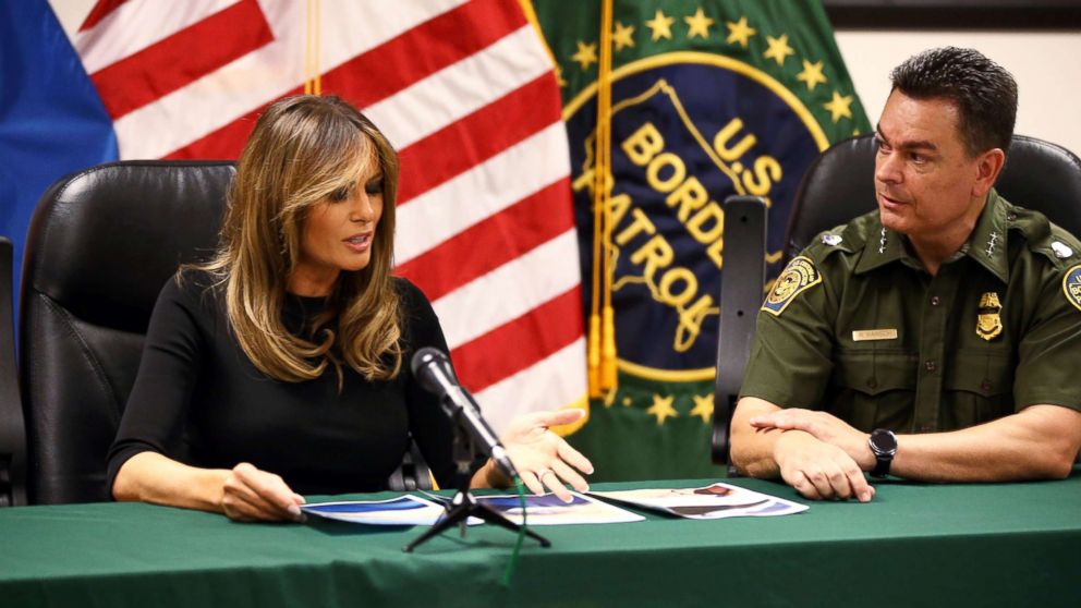 PHOTO: First lady Melania Trump looks at photos of an abandoned 6-year-old Costa Rican boy found in the desert recently during visit to the Tucson Sector office of the U.S. Customs and Border Protection.