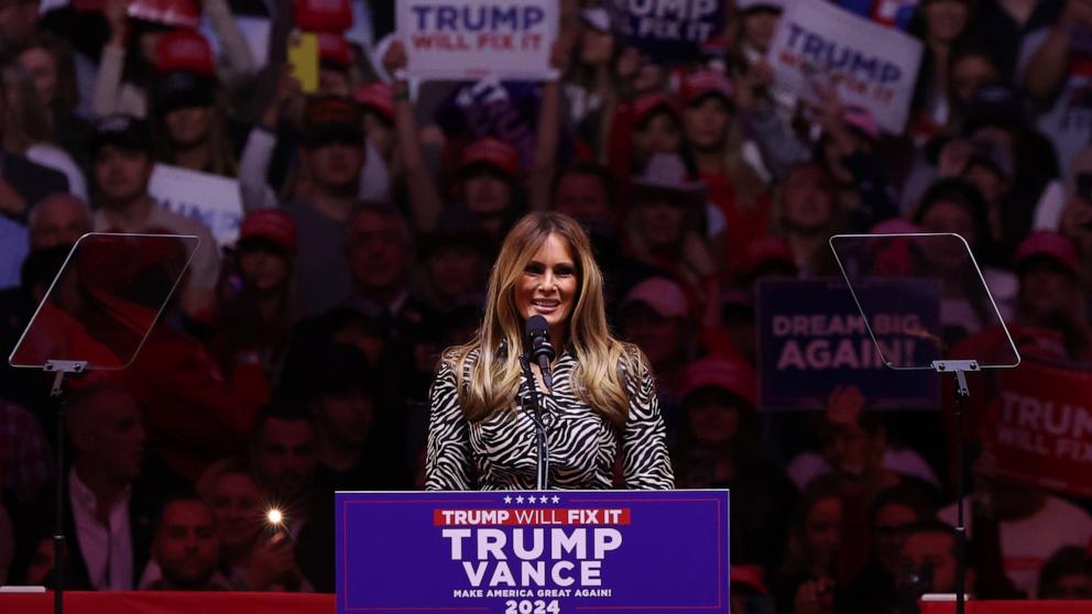 PHOTO: Former First Lady Melania Trump speaks during a rally held for former President and Republican presidential candidate Donald Trump, at Madison Square Garden in New York City, Oct. 27, 2024.