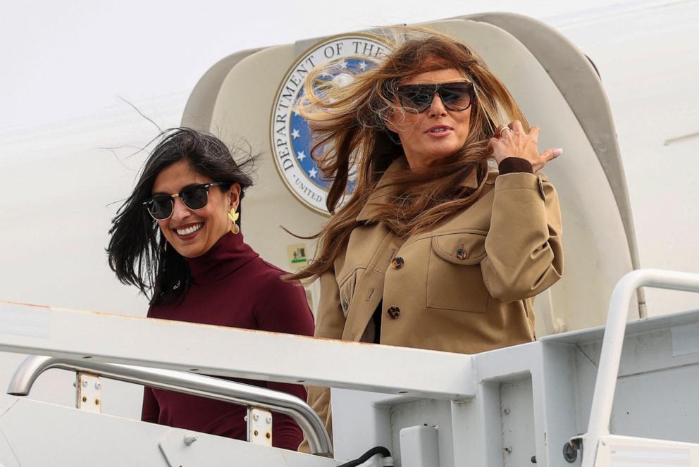 PHOTO: U.S. first lady Melania Trump and second lady Usha Vance arrive at Albert J. Ellis Airport in Richlands, North Carolina, November 19, 2025. 