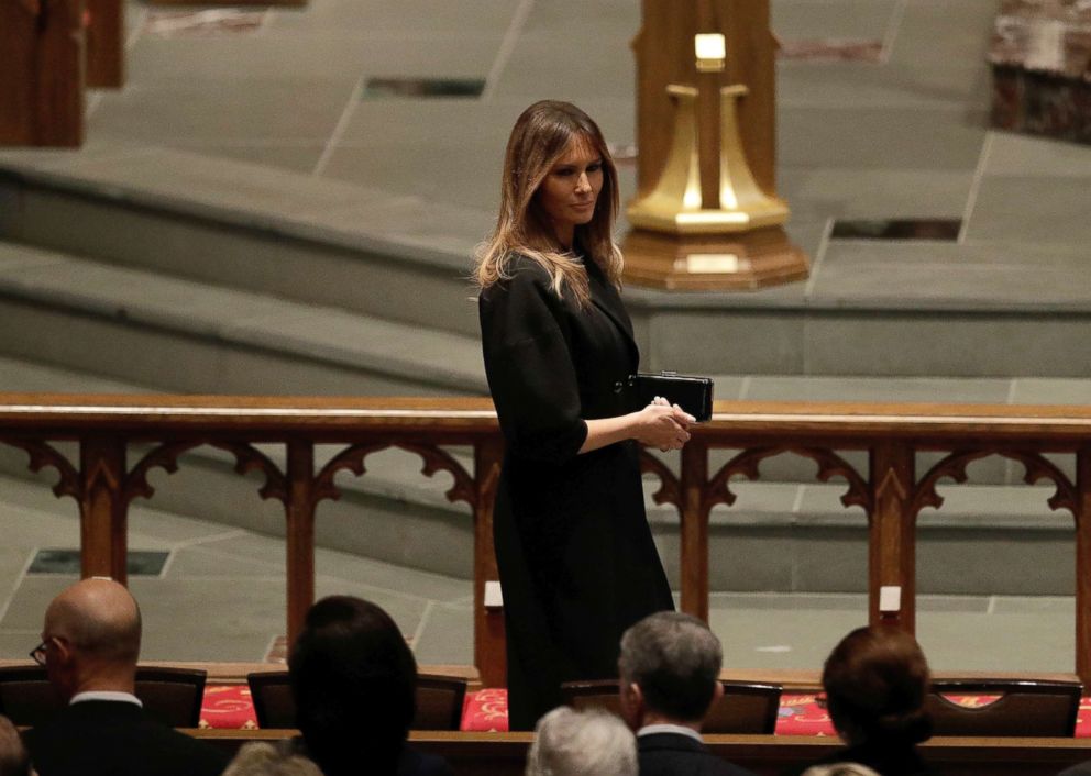 PHOTO: First Lady Melania Trump arrives at St. Martin's Episcopal Church for a funeral service for former first lady Barbara Bush, April 21, 2018, in Houston.