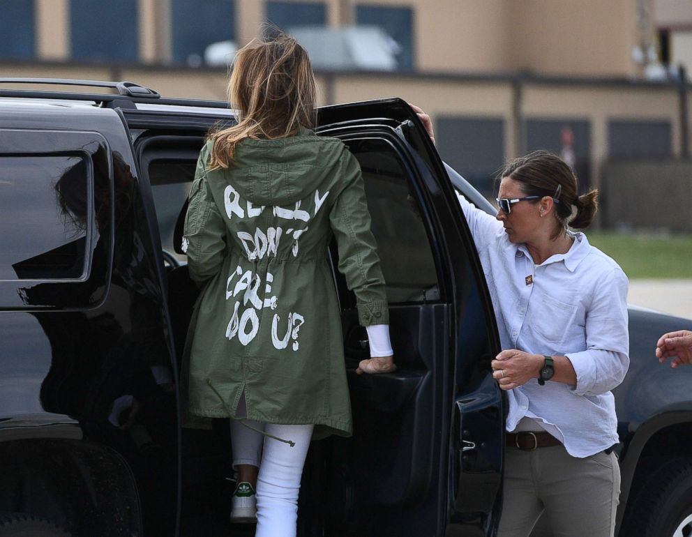 PHOTO: First Lady Melania Trump departs Andrews Air Force Base in Maryland, June 21, 2018, wearing a jacket emblazoned with the words "I really don't care, do u?"