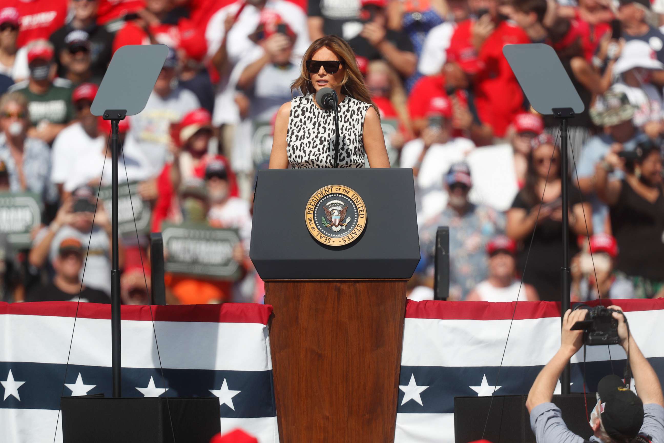 PHOTO: First Lady Melania Trump speaks to Trump supporters before her husband President Donald Trump gives a campaign speech just four days before Election Day outside of Raymond James Stadium, Oct. 29, 2020, in Tampa, Fla.