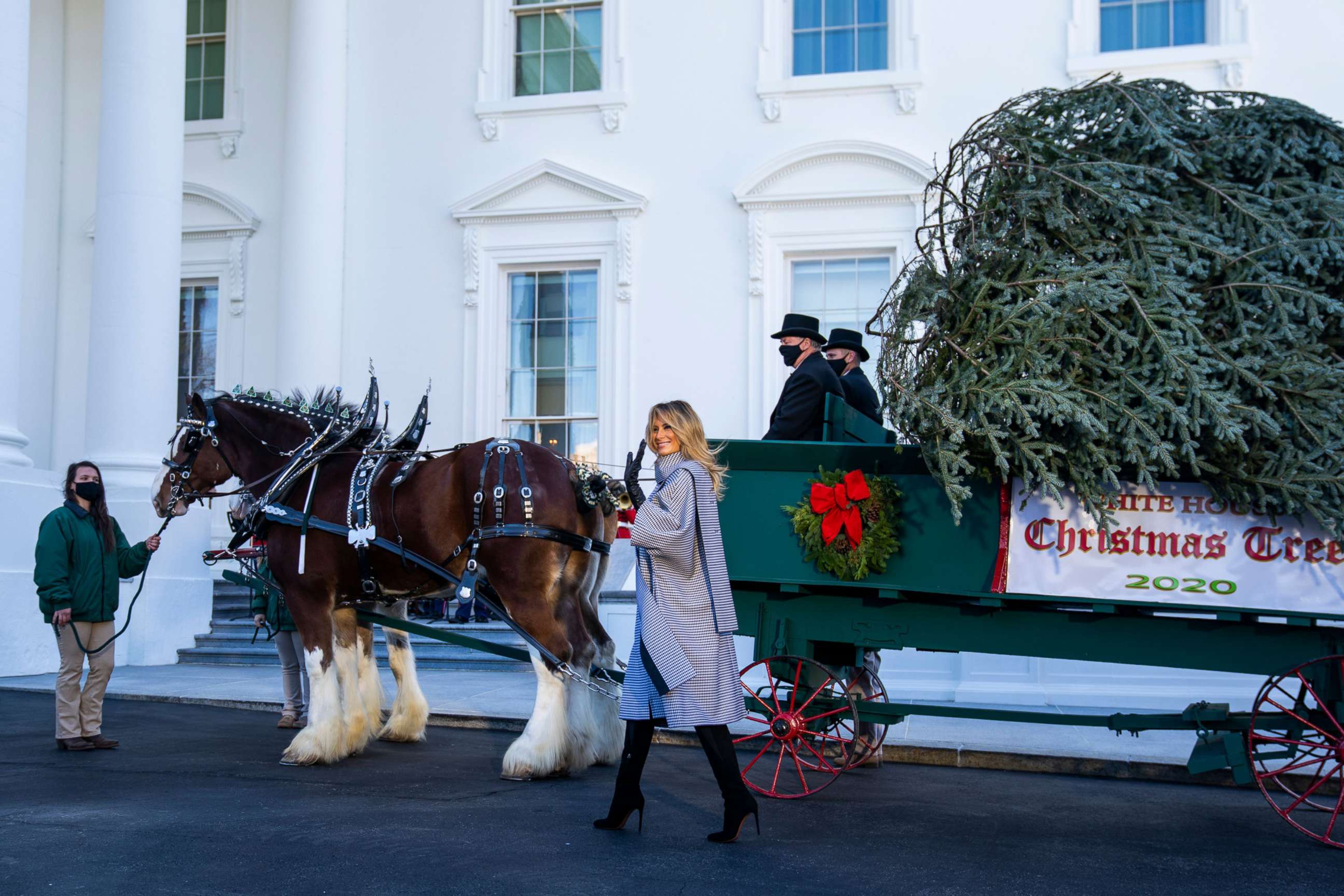 PHOTO: First Lady Melania Trump presents the 2020 White House Christmas tree on the North Portico of the White House in Washington, DC., Nov. 23, 2020.