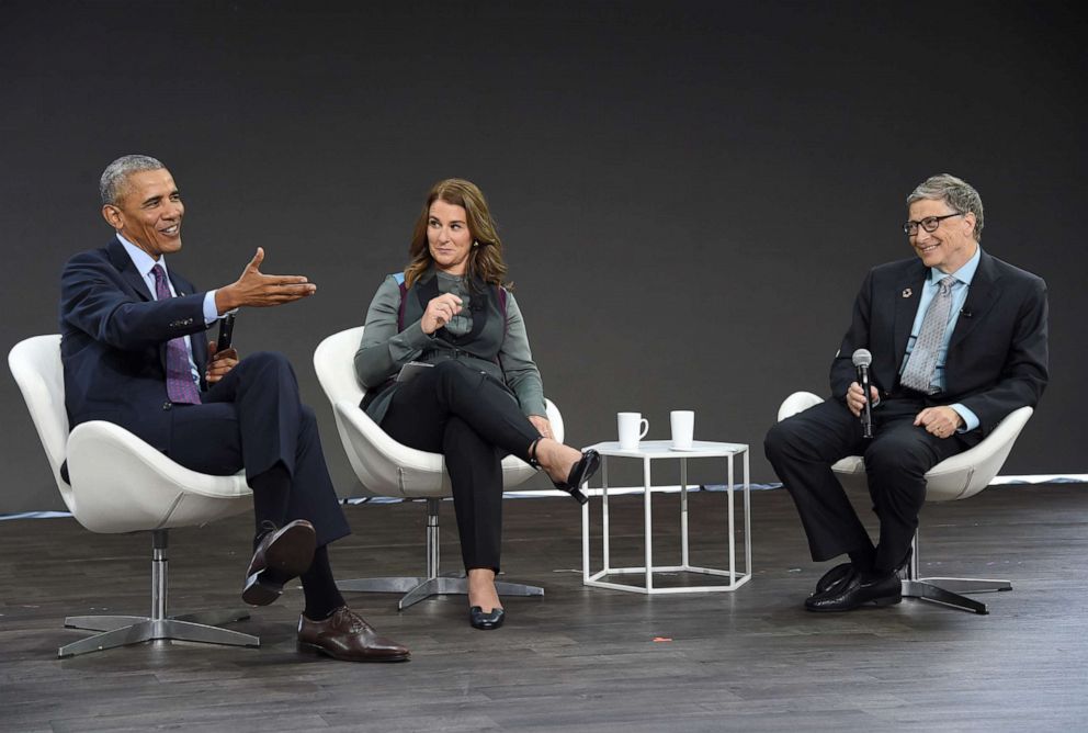 PHOTO: President Barack Obama, Melinda Gates and Bill Gates speak at Goalkeepers 2017, at Jazz at Lincoln Center on Sept. 20, 2017, in New York.