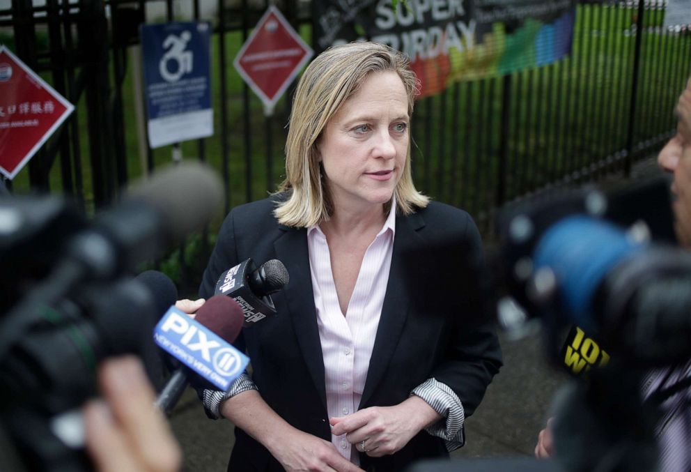 PHOTO: Queens Borough President and candidate for district attorney Melinda Katz talks to reporters after voting in the Queens borough of New York, June 25, 2019.
