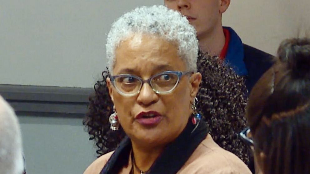 PHOTO: Melisande Short-Colomb, a sophomore and descendant of the 272 slaves sold at Georgetown University speaks at a town hall debate in support of the reparations referendum in Washington, April 3, 2019.