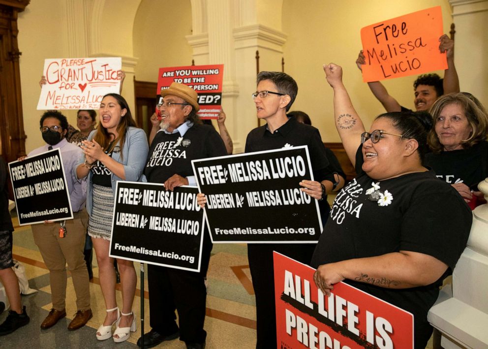 PHOTO: Supporters of death row inmate Melissa Lucio celebrate outside the Governor's office after the Texas Court of Criminal Appeals halted the execution of Lucio with two days to spare in Austin, Texas., April 25, 2022.