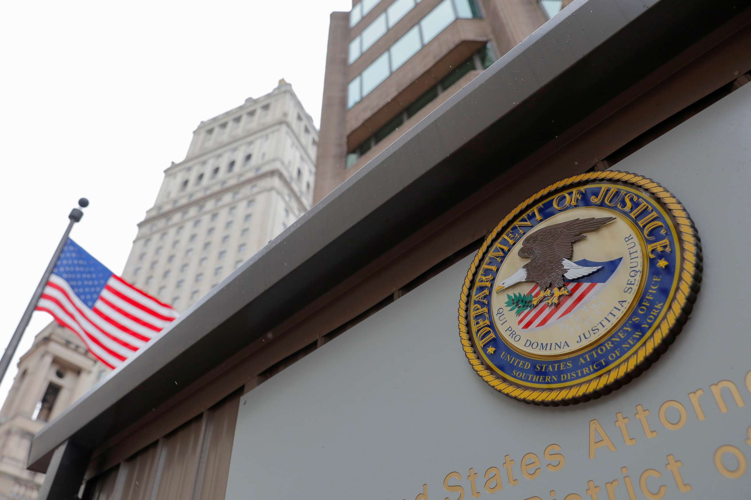PHOTO: The seal of the U.S. Department of Justice is seen on the building exterior of the United States Attorney's Office of the Southern District of New York on Aug. 17, 2020.