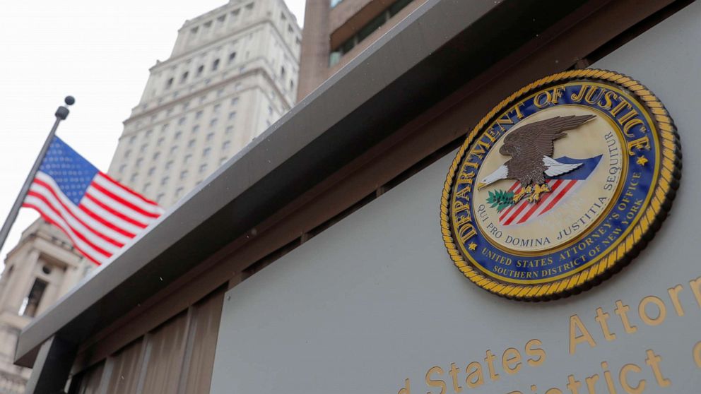 PHOTO: The seal of the U.S. Department of Justice is seen on the building exterior of the United States Attorney's Office of the Southern District of New York on Aug. 17, 2020.