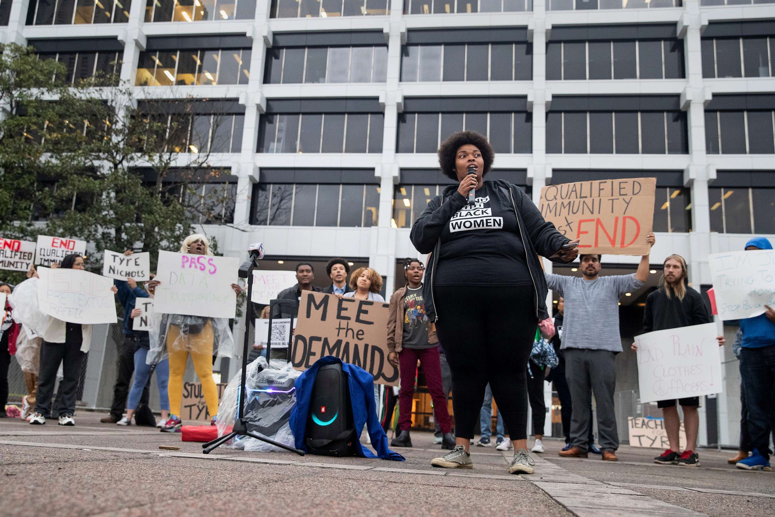 PHOTO: Amber Sherman speaks at a rally to demand the city council support six ordinances regarding public safety and police reform outside Memphis City Hall, March 2, 2023, in Memphis, Tenn.