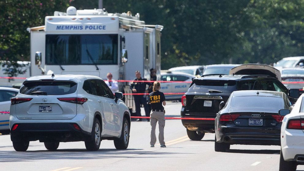 PHOTO: A Tennessee Bureau of Investigation agent and Memphis Police Department officers respond to the scene of an officer-involved shooting near the intersection of McCrory Avenue and Gary Street in Memphis, Tenn., July 31, 2023.