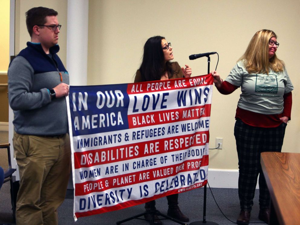 PHOTO: Karol Ruiz speaks during a Mendham Township Committee Meeting after which Deputy Mayor Rick Blood resigned after received criticism for a Facebook post in Mendham Township, N.J., Feb. 12, 2018.