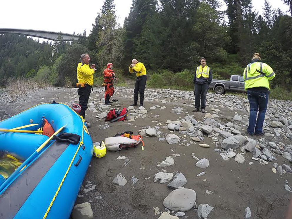 PHOTO: Crews search the Eel River in Mendocino County, Calif., for a missing family of four whose vehicle was reported submerged in the river on April 6, 2018.