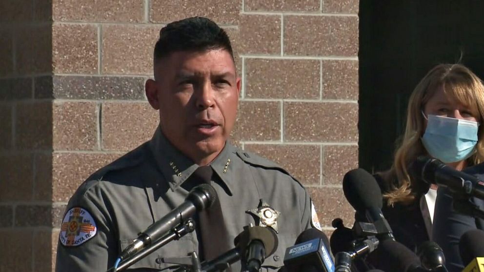 PHOTO: Sheriff Adan Mendoza speaks at a press conference, Oct. 27, 2021 about the Oct. 21 shooting on the movie set of "Rust" at Bonanza Creek Ranch in Santa Fe, New Mexico.