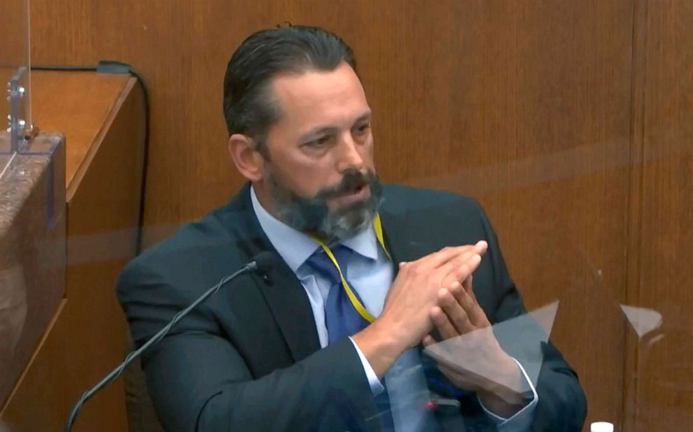 PHOTO: Minneapolis Police Lt. Johnny Mercil, a use of force trainer, testifies, April 6, 2021, in the trial of former Minneapolis police Officer Derek Chauvin at the Hennepin County Courthouse in Minneapolis, in an image from video.