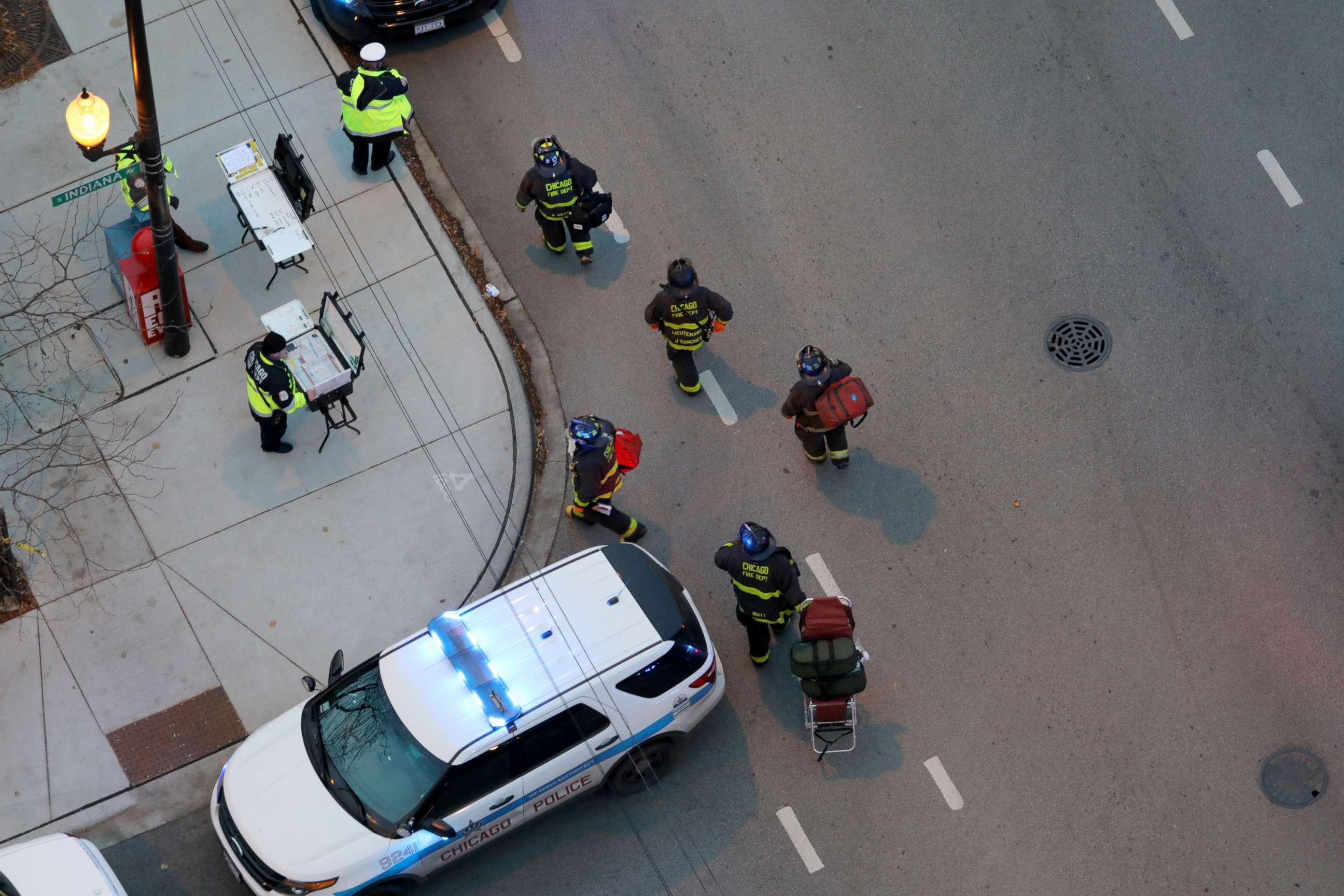 PHOTO: Officials work at an entrance at Mercy Hospital, Nov. 19, 2018. Multiple people, including a Chicago police officer, were reported shot at the Near South Side hospital. 