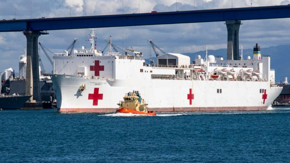 PHOTO: The USNS Mercy departs Naval Base San Diego, in San Diego, Calif., March 24, 2020.