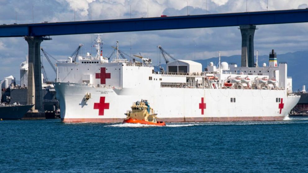 PHOTO: The USNS Mercy departs Naval Base San Diego, in San Diego, Calif., March 24, 2020.