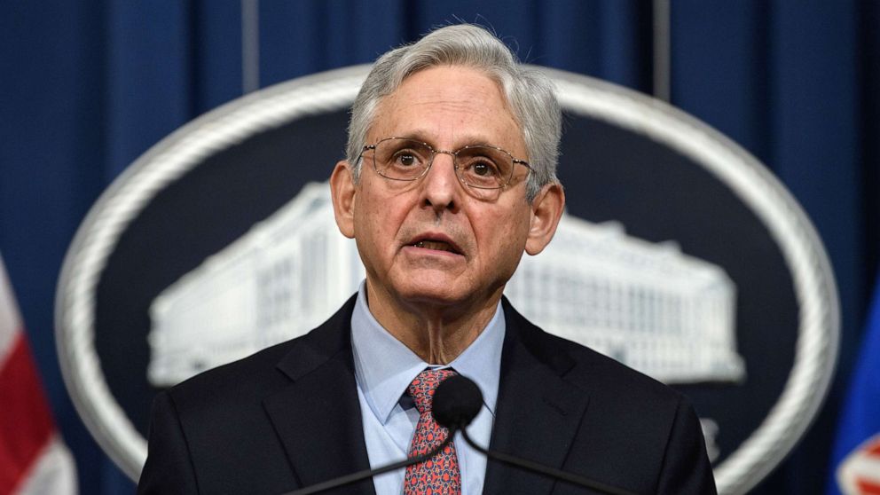 PHOTO: Merrick Garland, U.S. attorney general, speaks during a news conference at the Department of Justice in Washington, D.C., Feb. 22, 2022.