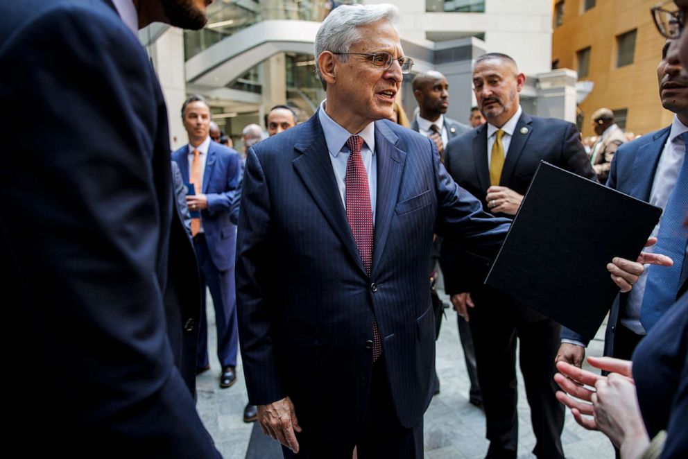 PHOTO: US Attorney General Merrick Garland following the ceremonial swearing-in of Steven Dettelbach, confirmed by Congress as the Director of The Bureau of Alcohol, Tobacco, Firearms, and Explosives, on July 19, 2022, in Washington, D.C.