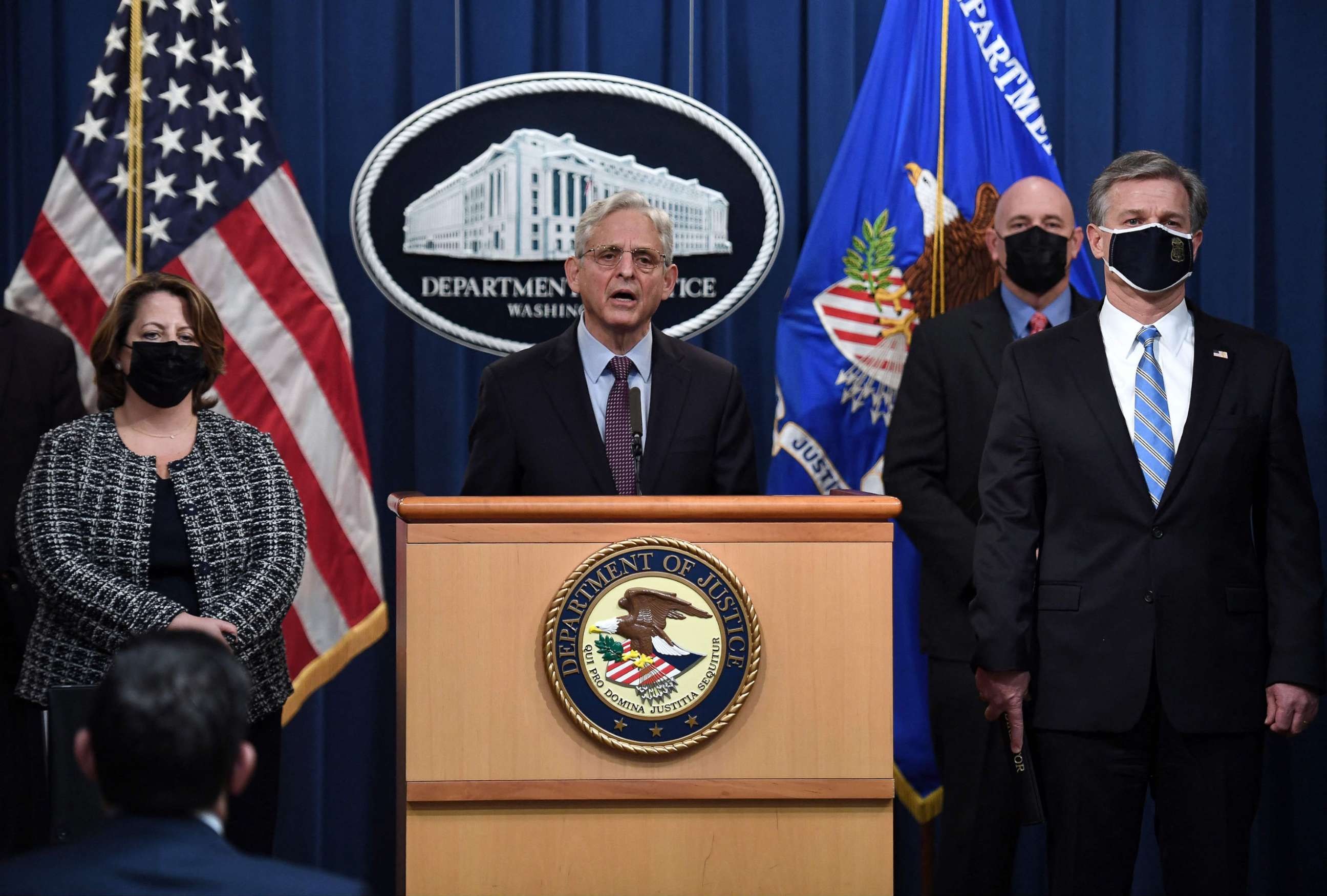 PHOTO: U.S. Attorney General Merrick Garland speaks as Deputy Attorney General Lisa O. Monaco, FBI Director Christopher A. Wray, and Deputy Secretary of the Treasury Wally Adeyemo listen at a press conference in Washington, D.C., on Nov. 8, 2021.