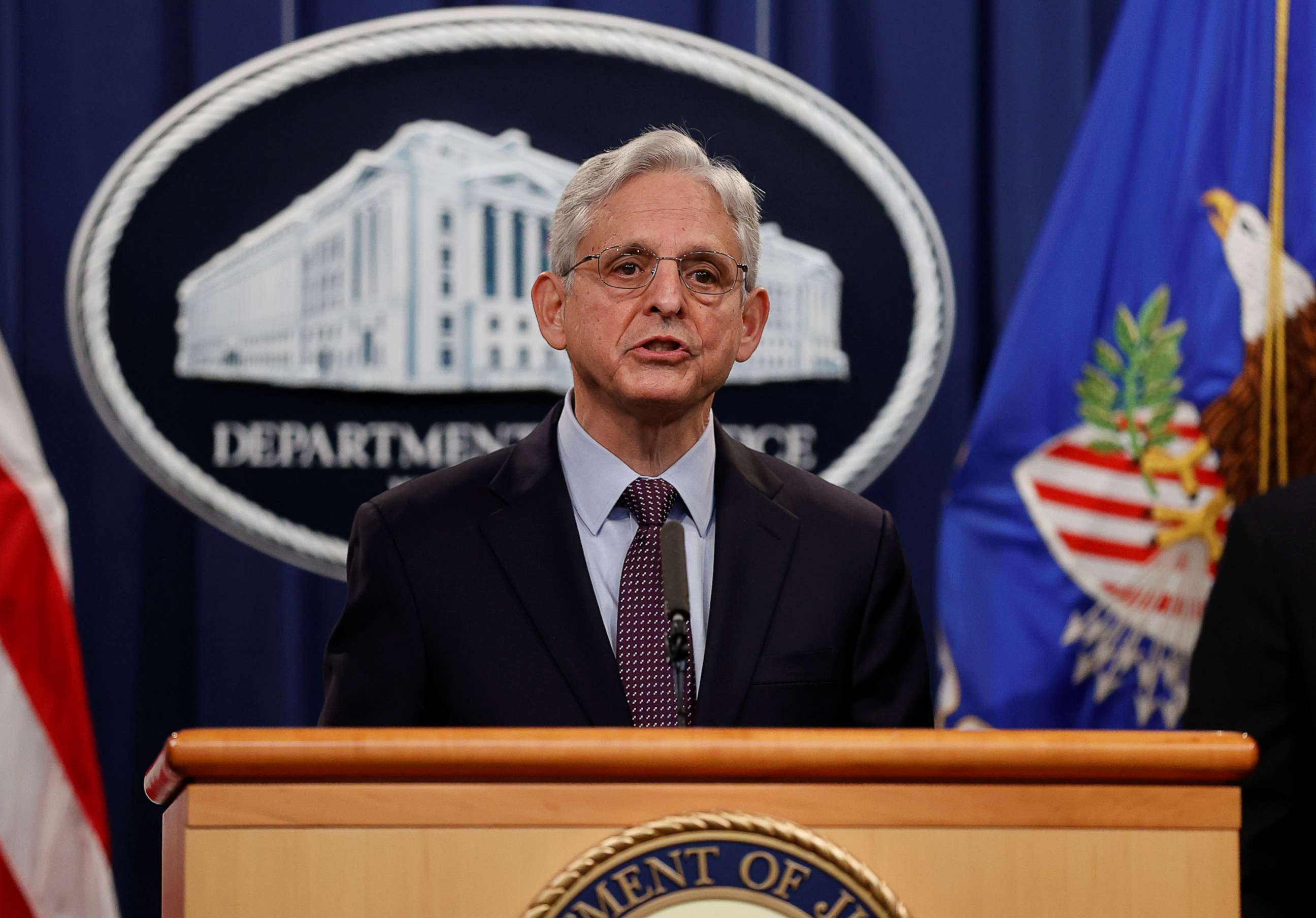 PHOTO: U.S. Attorney General Merrick Garland announces charges against a suspect from Ukraine and a Russian national over a July ransomware attack on an American company, during a news conference in Washington, D.C., Nov. 8, 2021.