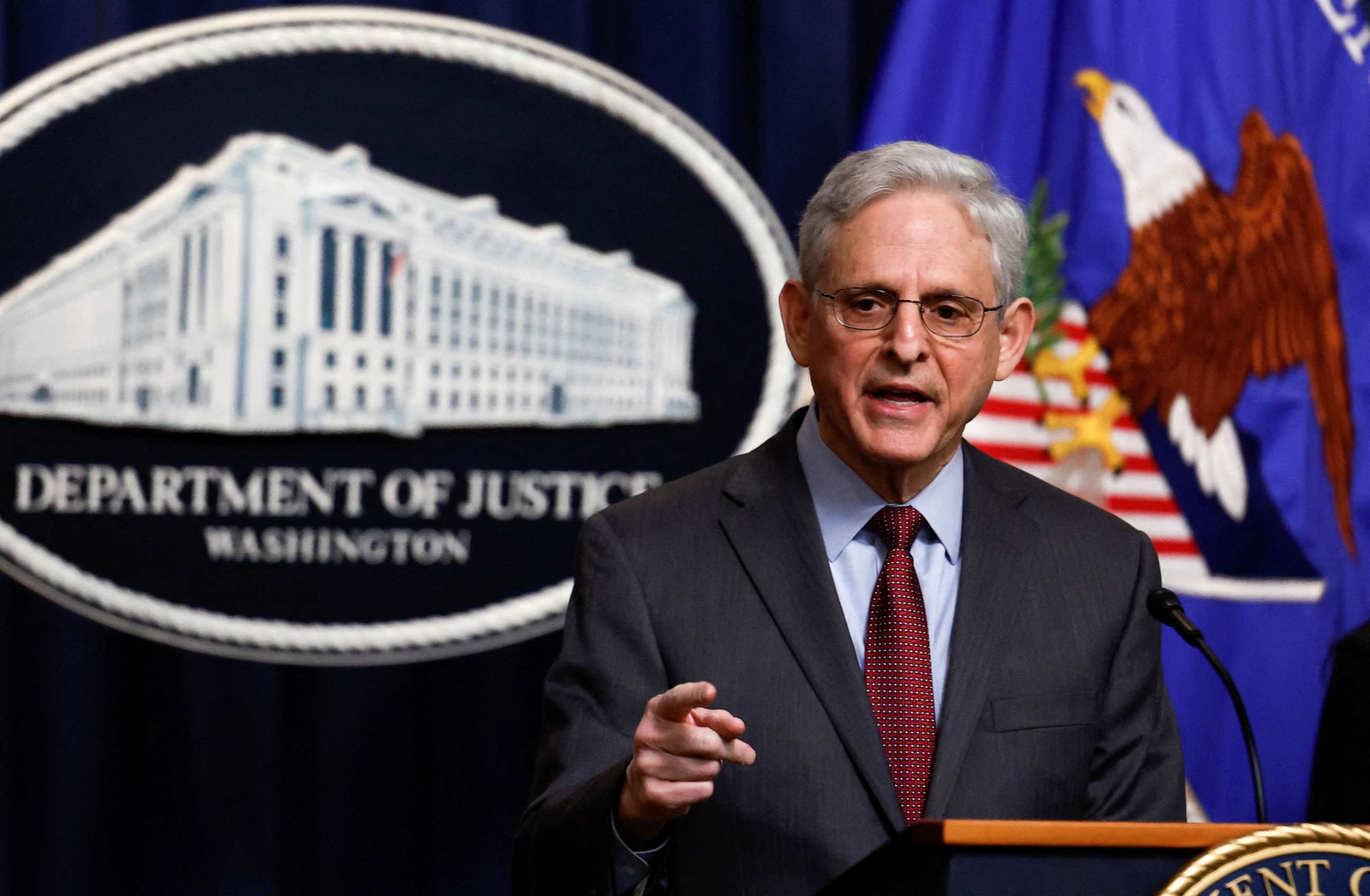 PHOTO: Attorney General Merrick Garland announces a U.S. Justice Department lawsuit to stop JetBlue Airways from buying Spirit Airlines, during a news conference in Washington, March 7, 2023.