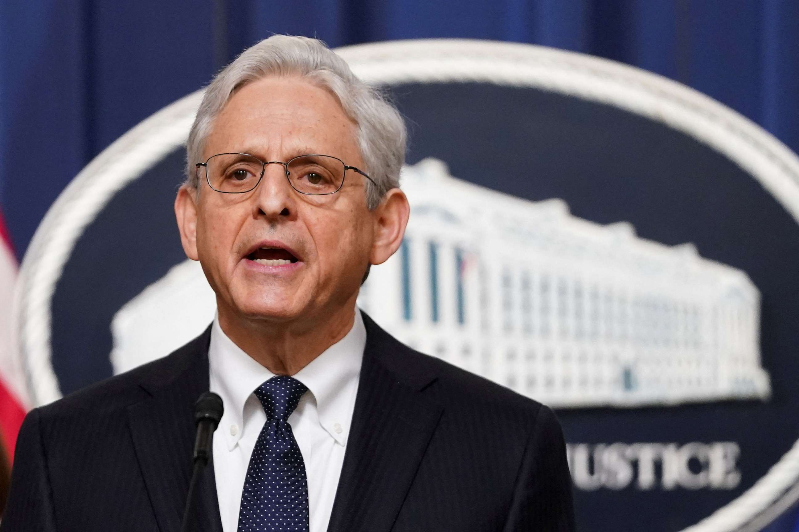 PHOTO: U.S. Attorney General Merrick Garland speaks to reporters during a brief news conference at the Justice Department in Washington, D.C., May 4, 2023.