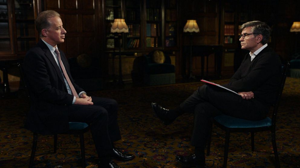 PHOTO: Christopher Steele, author of the so-called "Steele dossier," talks to George Stephanopoulos in a scene from the ABC News documentary, "Out of the Shadows: The Man Behind the Steele Dossier," airing Oct. 18, 2021.