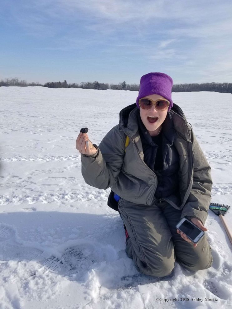 PHOTO: Ashley Moritz found a meteorite in the snow on top of a frozen lake in Michigan in January 2018.