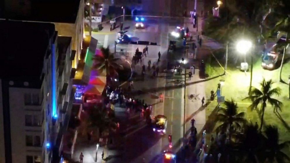 PHOTO: Aerial video shows police at a scene where a deadly shooting happened on the streets during Spring Break festivities in Miami Beach, March 17, 2023, in this still image obtained from social media.