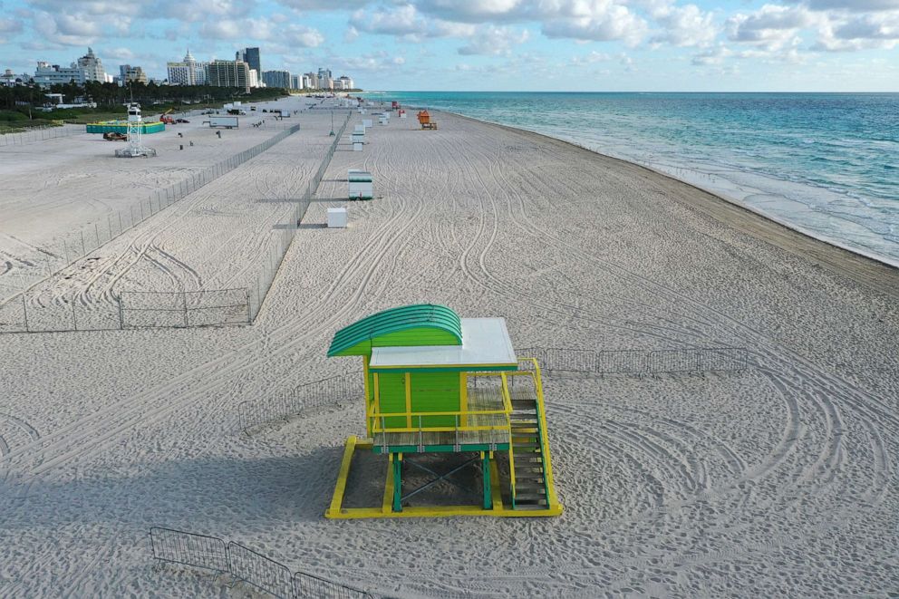 PHOTO: An aerial view shows an area of South Beach that the city closed in an effort to prevent the spread of the coronavirus on March 16, 2020 in Miami Beach, Fla.