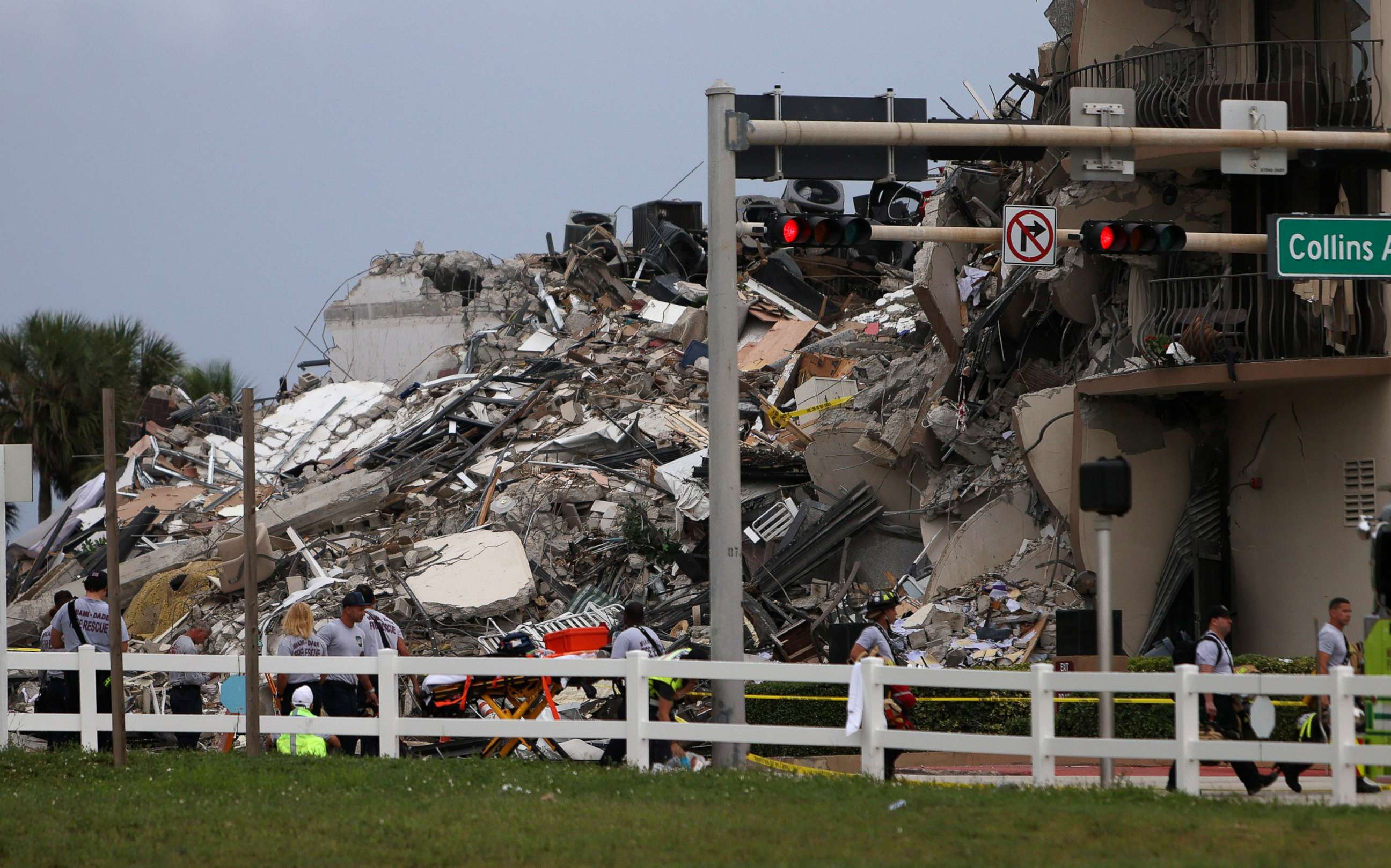 PHOTO: Rubble is piled high after the partial collapse of the 12-story Champlain Towers South condo building on June 24, 2021, in Surfside, Fla.