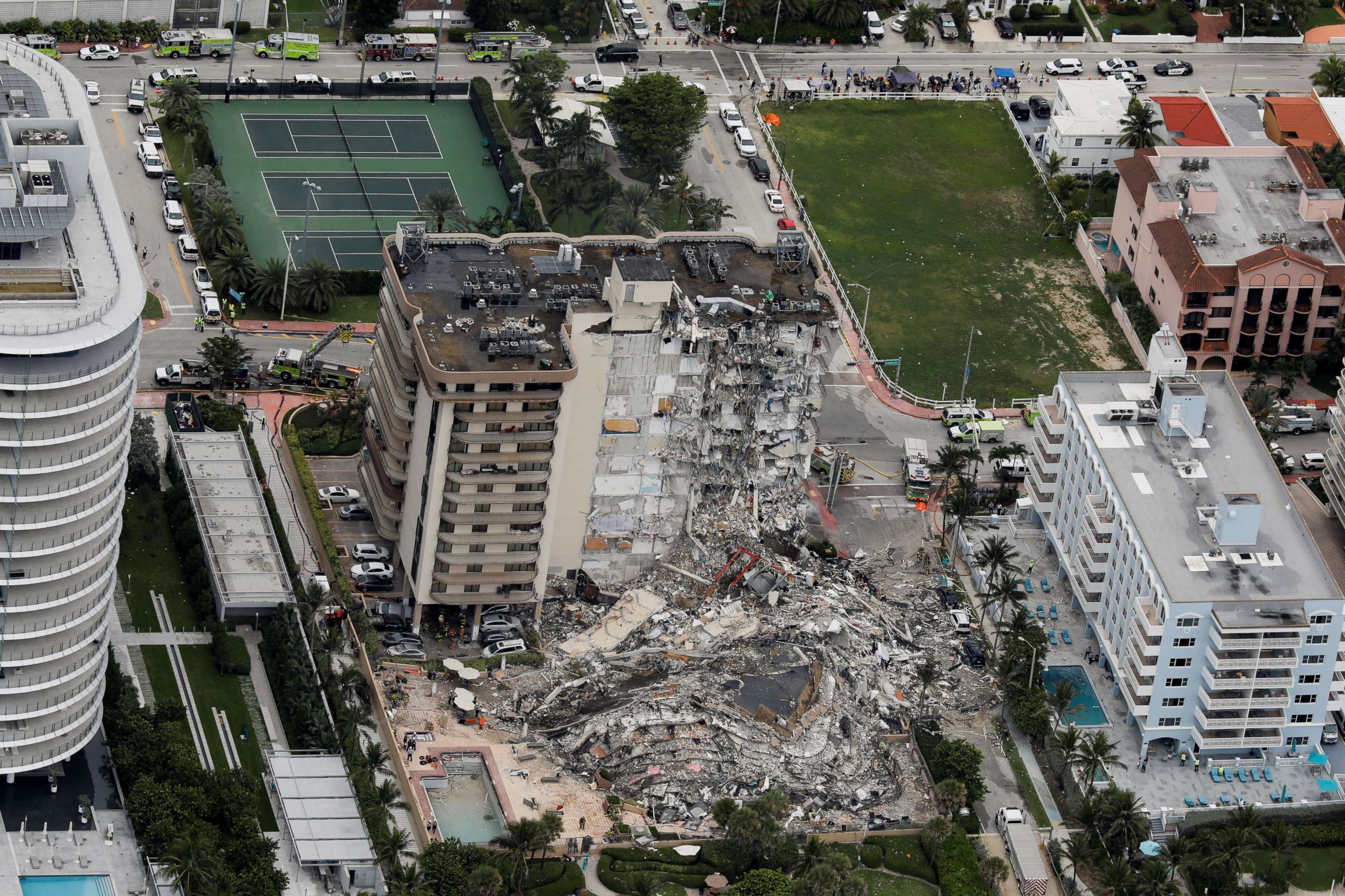 PHOTO: An aerial view showing a partially collapsed building in Surfside near Miami Beach, Fla., June 24, 2021.