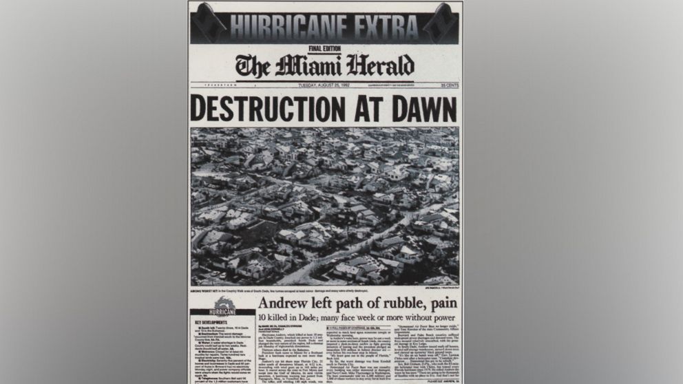 PHOTO: Cover page of the SPECIAL HURRICANE edition of The Miami Herald issue published, Aug. 24, 1992 in Miami. 