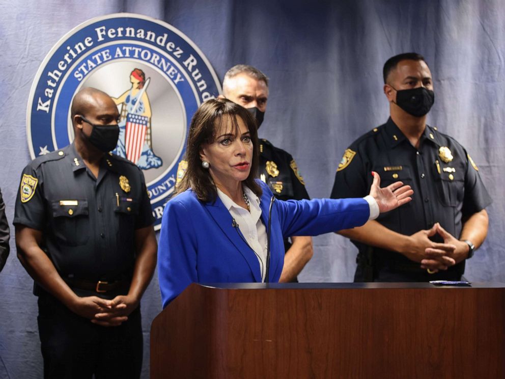 PHOTO: State Attorney Katherine Fernandez Rundle announces the arrest of Miami Beach police officers and shares the video involved with a rough arrest last week at the Miami-Dade State Attorney's Office, Aug. 2, 2021, in Miami.