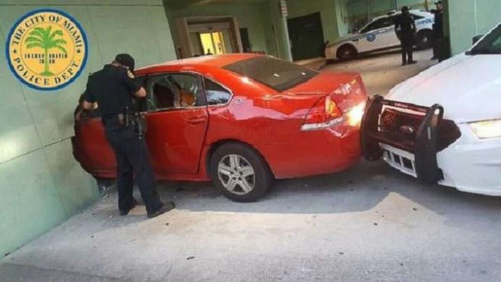 PHOTO: A car crashed into the Miami Police Department's North District Substation, April 6, 2018 in Miami.